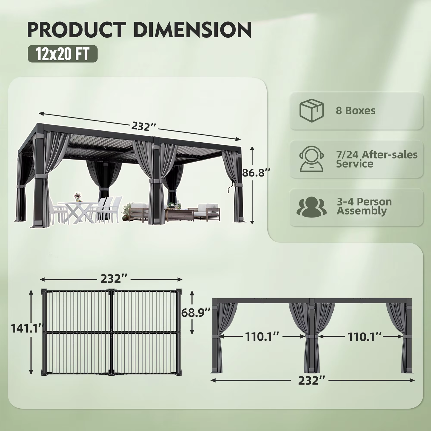 10X12/12X20Ft Louvered Pergola, Waterproof Roof All Weather Rust-Resistant Gazebo for Backyard Patio