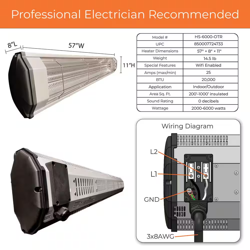 6000-Watt / 20,000-Btus - Infrared Quartz Wi-Fi Enabled Weather-Proof Silent 240-Volt Electric Heater with Motion Sensor