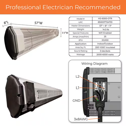 6000-Watt / 20,000-Btus - Infrared Quartz Wi-Fi Enabled Weather-Proof Silent 240-Volt Electric Heater with Motion Sensor