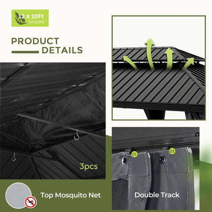 12 Ft. X 20 Ft. Double Roof Hardtop Aluminum Patio Gazebo with Netting and Gray Curtains