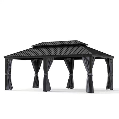 12 Ft. X 20 Ft. Double Roof Hardtop Aluminum Patio Gazebo with Netting and Gray Curtains